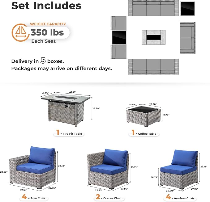 ovios 13 Pieces Patio Furniture Set, Outdoor Wicker Sectional Sofa with 42 Inch Fire Pit Table Comfy Cushions, Modern Modular Deep Seat Rattan Couch Conversation Set, Navy Blue