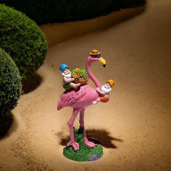 Gnomes Flamingo Garden Statue – Resin Sculpture for Yard, Patio or Lawn Decor – Funny Garden Gnome Gift for Mom, Women, Friends (No Lights)