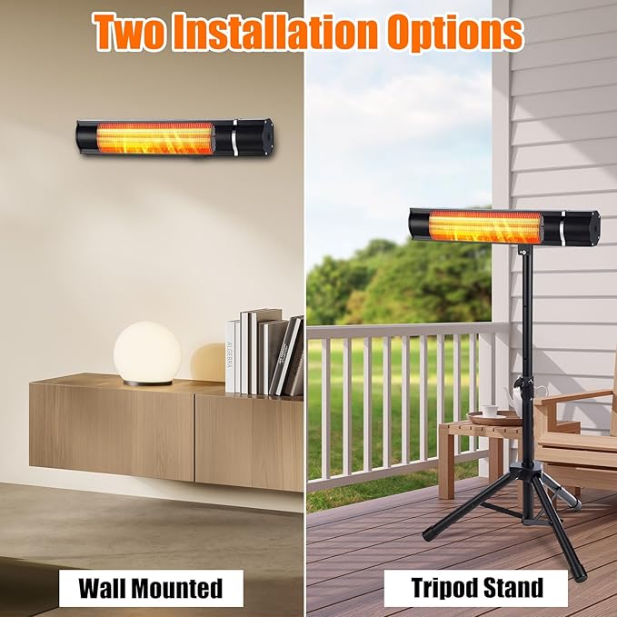 Electric Patio Heater Outdoor 1500W Carbon Infrared Heater with Remote Timer 3 Heat Levels IPX4 Waterproof Tripod Stand Ceiling Wall Mount for Backyard Restaurant Garage