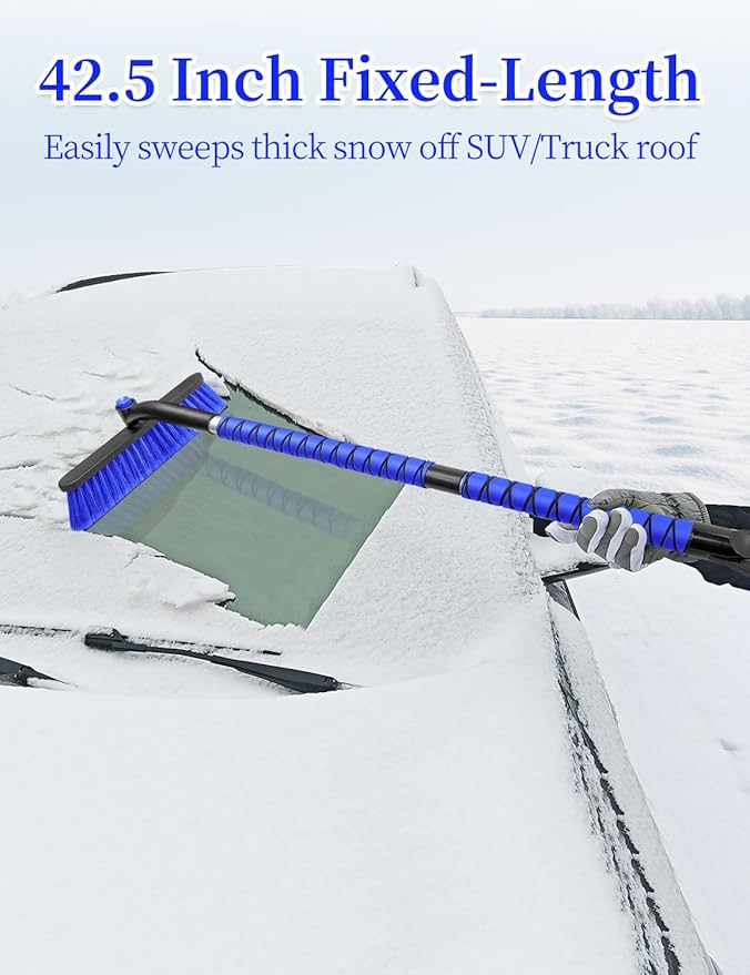 HEEYA 42.5 Inch Car Scraper Snow Brush, 12.6 Inch Large Brush Head with Ice Scraper for Window Windshield, Portable Snow Scraper for SUV Truck Vehicle Jeep RV Auto - Blue
