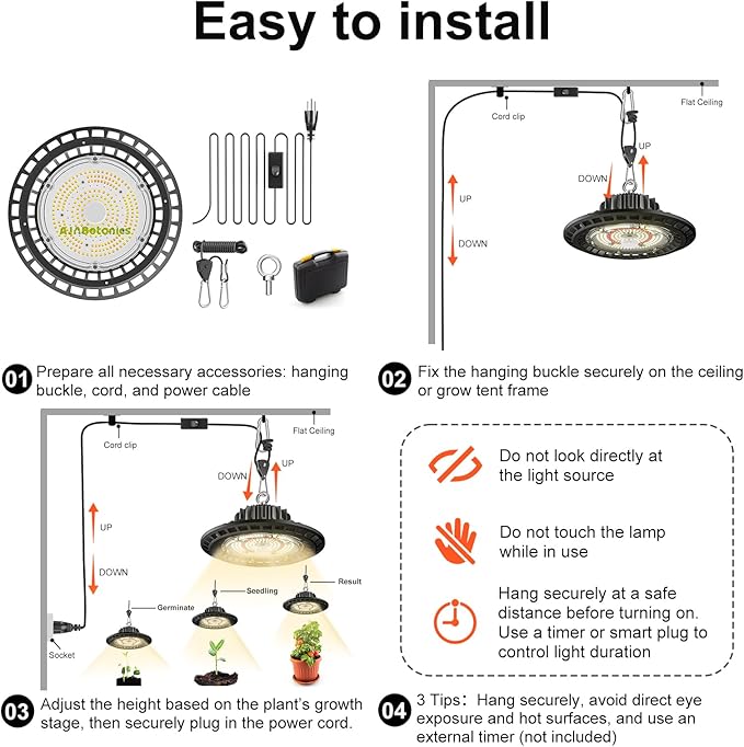 100W Hanging LED Grow Light for Indoor Plants, Full Spectrum UFO Lamp, IP65 Waterproof, 9.8FT Cord with On/Off Switch, Smart Plug Compatible for Hydroponics, Greenhouse, Grow Tent