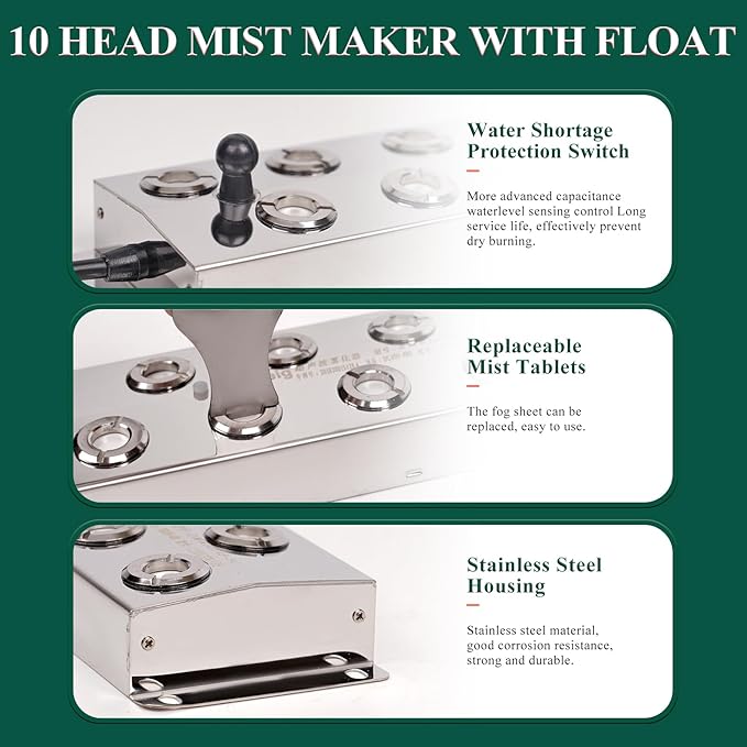 Ultrasonic Mist Maker Fogger 10Head Ultrasonic Fogger Humidifier for Halloween Atmosphere, Landscape, Plant Mushroom Vegetable Humidification, Pond Mister with Float, 400W Power Supply