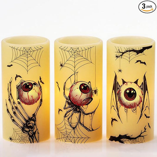 Eldnacele Halloween Flameless Flickering Candles with Timer, Battery Operated Spider Eyeballs, Bat Eyeballs, Skeleton Hand Eyeballs Decals Real Wax LED Pillar Candles Horror Spooky Decor(3pcs,D3×H6)