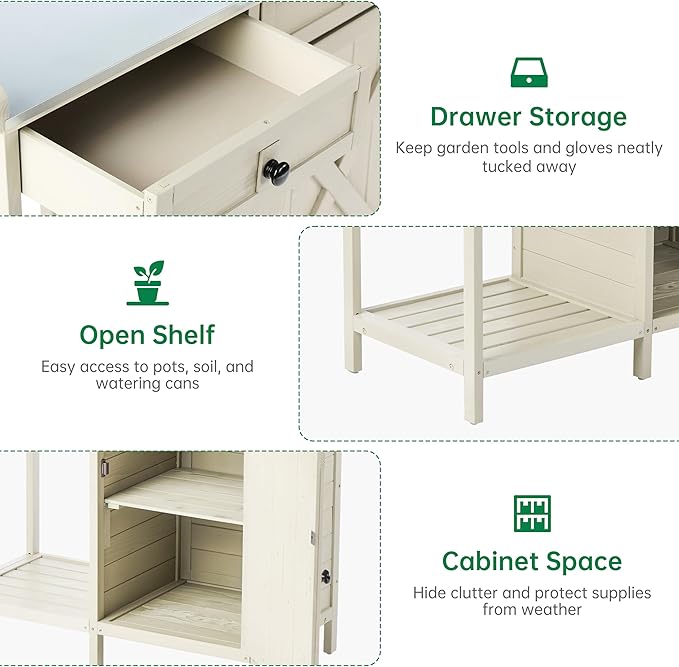 Outdoor Potting Bench with Storage Cabinet & Metal Tabletop, Garden Work Table, Wood Planting Workstation for Patio, w/Drawer