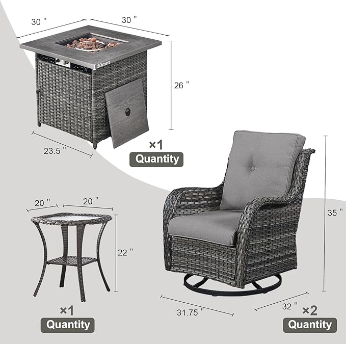 4 Pieces Patio Furniture Set with Fire Pit 50,000 BTU,Outdoor Swivel Rocker Chairs Set of 2 with PE Rattan Side Table,Wicker Outdoor Conversation Set with Rocking Chairs