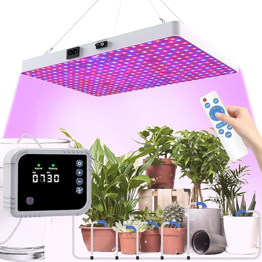 LED Grow Light with Automatic Watering System for Indoor Plants, Full Spectrum Plant Light with Remote Control, Stepless Dimmable Growing Lamps with 3 Lighting Modes for Seedlings Veg Bloom