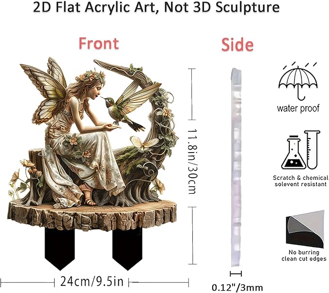 Fairy Garden Stake Decor, 2D Flat Acrylic Fairy Garden Decor Panel, Elf Yard Sign for Outdoor Indoor Yard Lawn Plants Pots, Fairy Garden Accessories (Flower Fairy with Hummingbird)