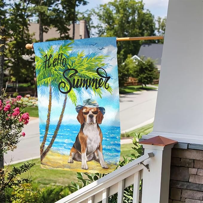Beagle Dog Summer Summer Beach Palm Trees Tropical Garden Flag Welcome Party Outdoor Outside Decorations Picks Home House Garden Yard Decor 12x18 Inch