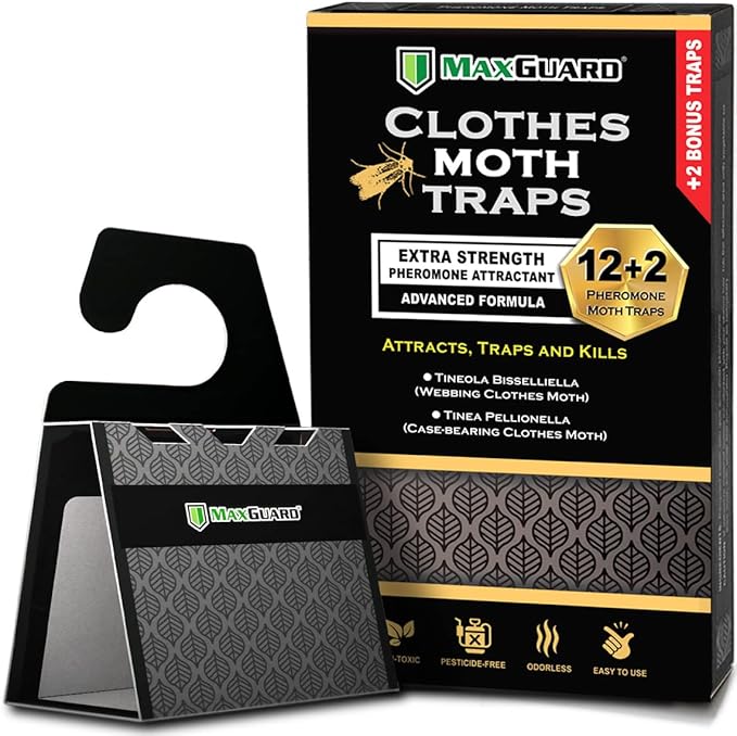 MaxGuard Clothes Moth Traps (12+2 Free Traps) Extra Strength Pheromones | Non-Toxic Sticky Glue Trap for Closets and Carpet Moths | No Mothballs | Lure, Trap and Kill Case-Bearing Webbing Moths |