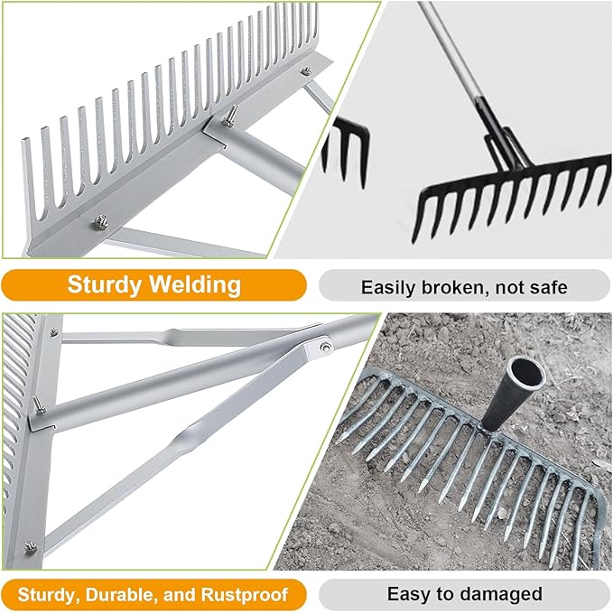 24 Inch Aluminum Landscape Rake, Garden Rake, Heavy Duty Rakes for Lawns, Metal Rake for Gardening, Loosening Soil, Lawn Care, Lake and Beach