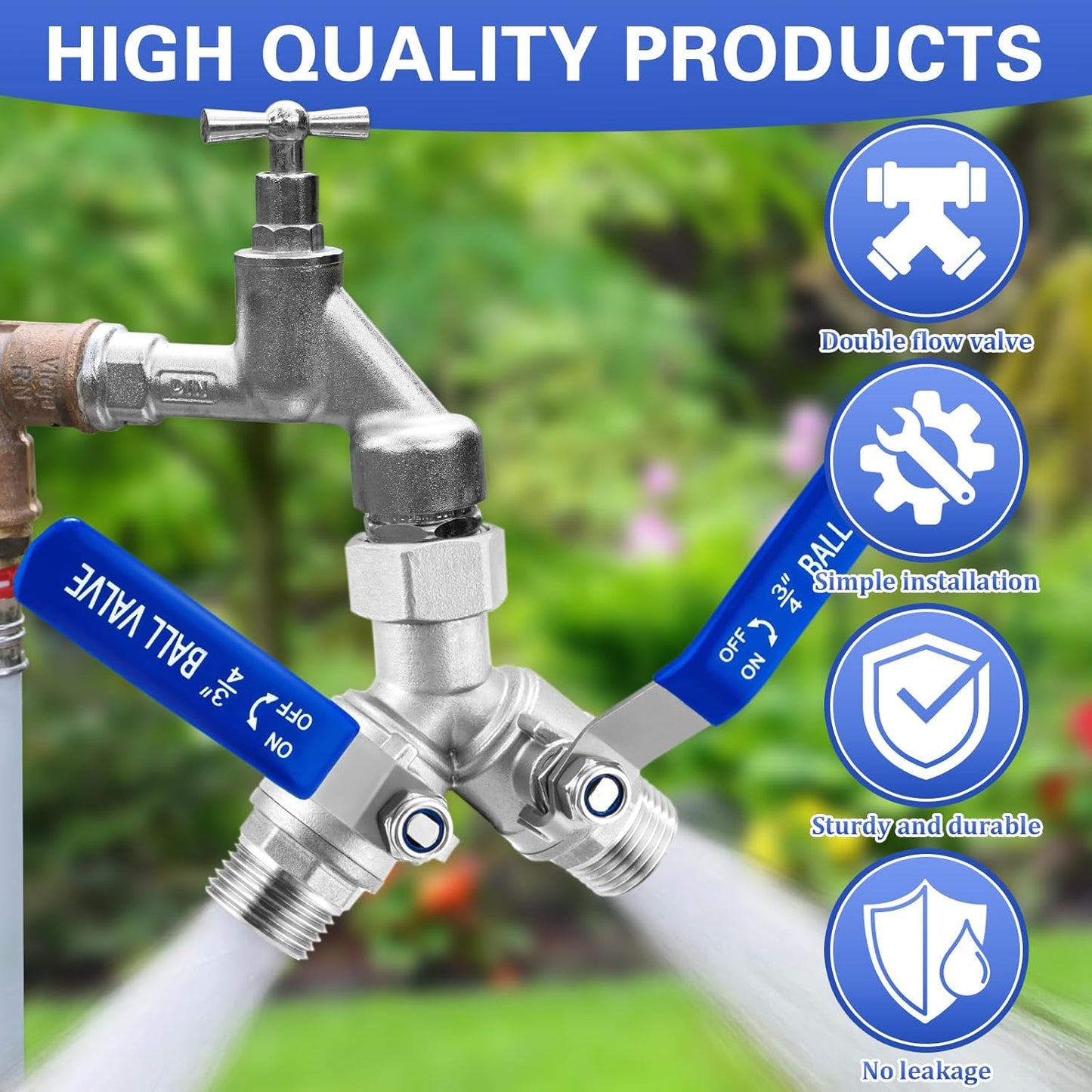 Garden Hose Splitter 2 Way Heavy Duty, 304 Stainless Steel Water Hose Splitter with Long Handle, Lead-free Y Water Garden Hose Splitter, 3/4" GHT Thread Full Flow 2 Way Water Hose Splitter
