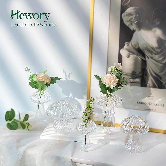 Hewory Mushroom Jars for Plants, 10pcs Clear Glass Mushroom Bud Vase for Flowers, Unique Plant Propagation Stations Propagating Vases Decor, Mini Cute Hydroponic Terrarium Planter for Indoor Planters