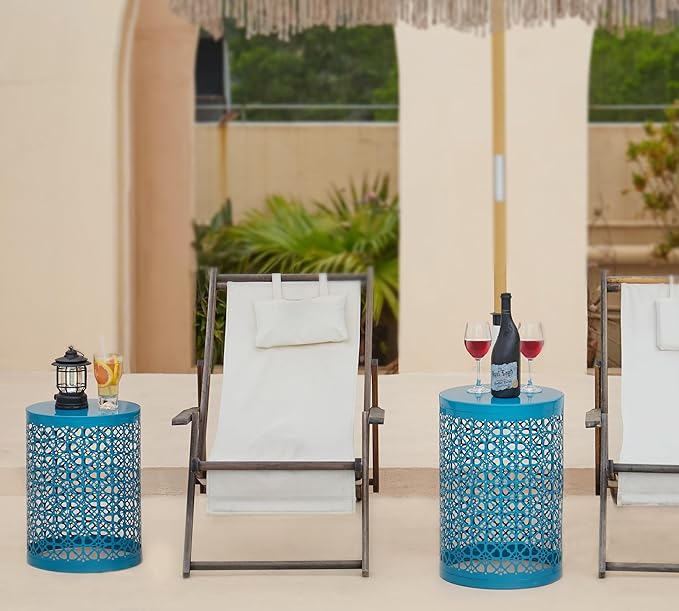 HFHOME Set of 3 Metal Side End Tables Nightstand, Nesting Round Coffee Table for Indoor Outdoor, Heavy Duty Metal Plant Stand Living Room Garden Stool - Blue