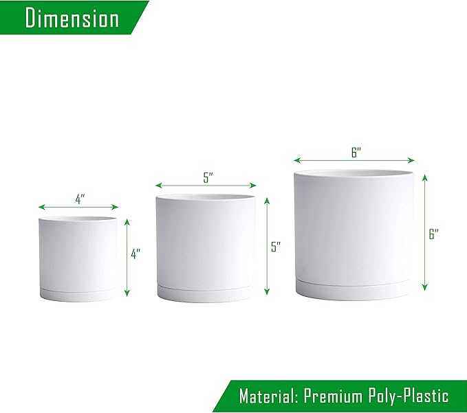 D'vine Dev 4 Inch 5 Inch 6 Inch, Set of 3 Plastic Planter Pots for Plants with Drainage Hole and Seamless Saucers, White Color, Small, 74-V-A-1