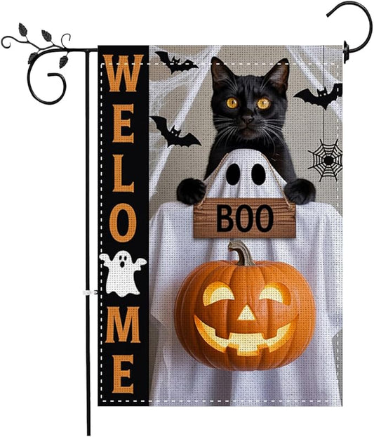 Fokongna Halloween Black Cat Welcome Flags, Interesting Halloween Decor Pumpkin Bat Cat Boo Garden Flag, 12x18 Inch Burlap Vertical Double Sided Flags, for Home Yard Outside Decorations
