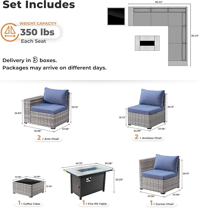 ovios 7 Pieces Patio Furniture Set, Outdoor Wicker Sectional Sofa with 42 Inch Fire Pit Table Comfy Cushions, Modern Modular Deep Seat Rattan Couch Conversation Set, Denim Blue