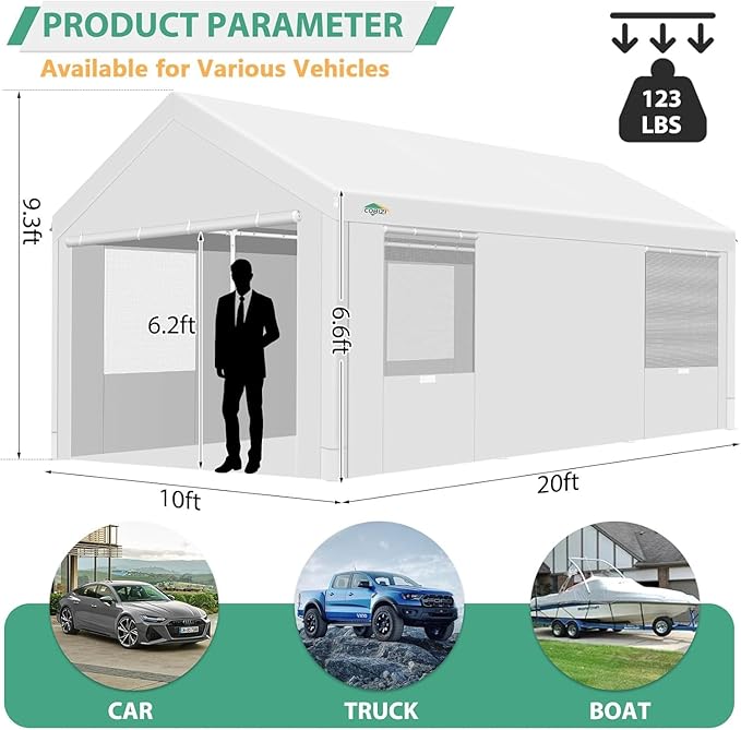 COBIZI Carport 10x20ft Heavy Duty Portable Garage, 2.0 Powder Coated Frame(Better Than Galvanized), Waterproof Shelter with Removable Sidewalls & Windows, Built-in Sandbags, for Car/Boat/SUV, White