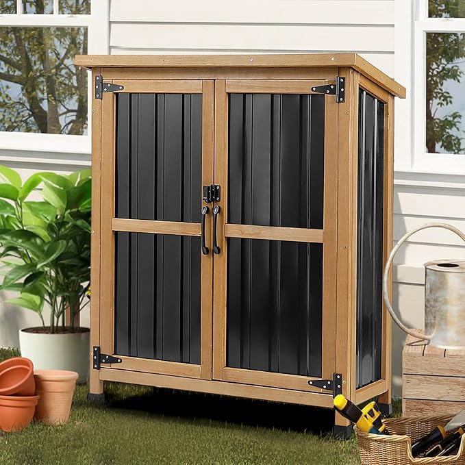 Weatherproof Outdoor Storage Cabinet with Lockable Doors, Wood & Metal Garden Storage Shed Patio Storage Box for Tools & Lawn Equipment, Pool Accessories