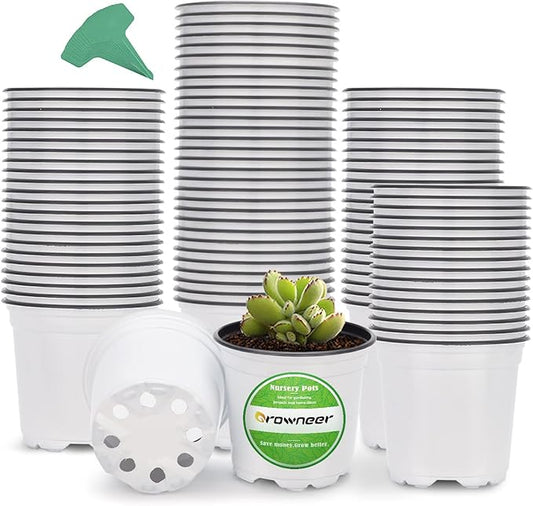 GROWNEER 120 Pack 4 Inch White Nursery Pots with Drainage Holes and 15 Plant Labels, Thick Plastic Seed Starter Kit for Indoor Outdoor Flower Planting and Garden Transplanting Seedling Planter
