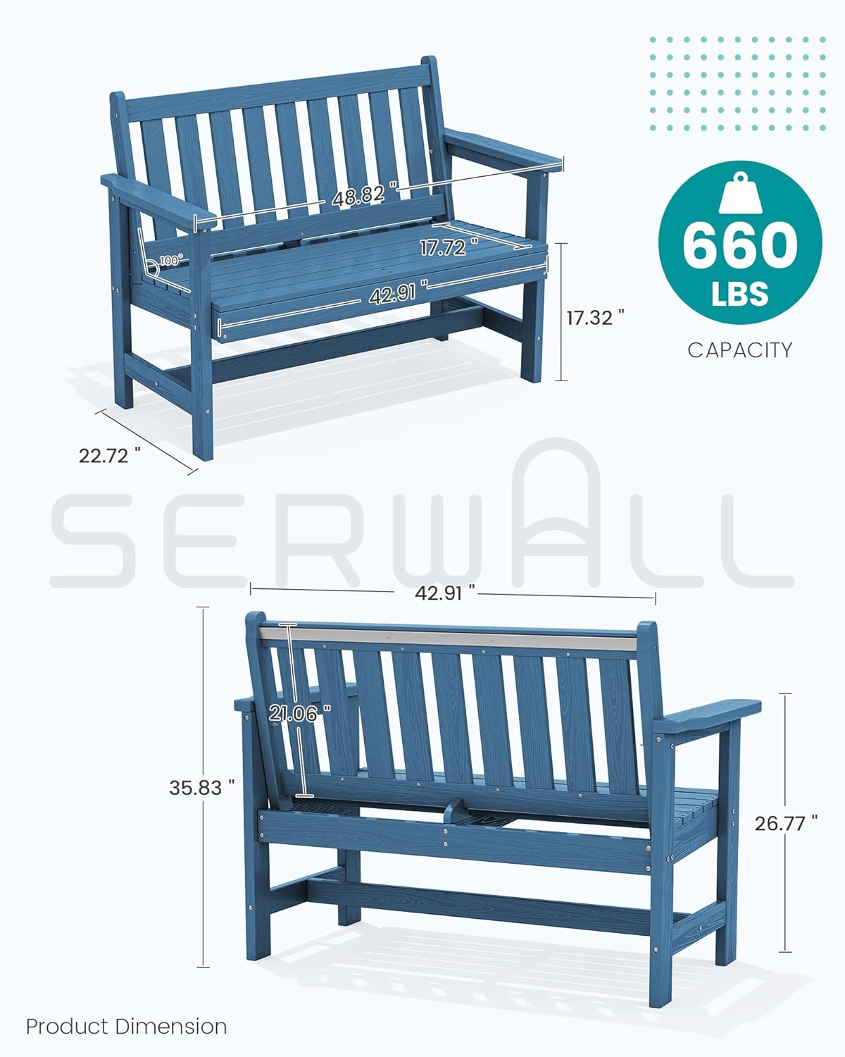 SERWALL Outdoor Bench, HDPE Outdoor Benches Weatherproof, 2-Person Garden Bench with 660 lbs Weight Capacity, Patio Benches for Outdoors, Garden, Porch, Backyard and Park, Navy, 6 Pack