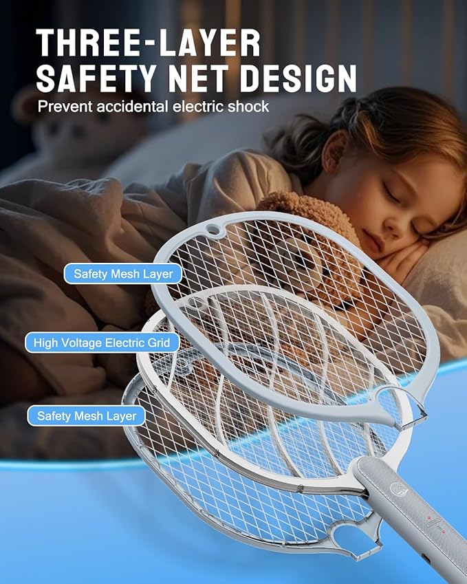 Electric Fly Swatter, 3800V Handheld Bug Zapper Racket, Type-C Rechargeable, Mosquito Zapper for Indoor Outdoor, 3-Layer Safety Mesh, Easy to Use, Lightweight (Basic 1 Pack)