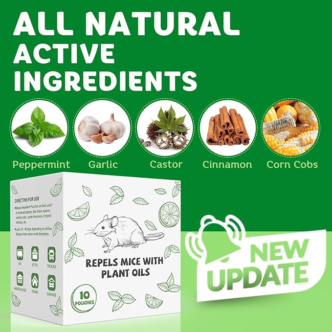 Pest Repellent Pouches, 10 Pack Peppermint Oil Repellent for Mouse, Roach, Rodent, Spider, Ant, Mice, Rats, Pest Control Indoor & Outdoor, Natural Mouse Deterrent Replace Traps Family & Pet Safe