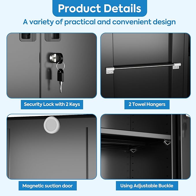 71" H Broom Closet Storage Cabinet with Wheels and Pegboard,Metal Garage Storage Cabinet with Lockable and Magnetic Doors,Adjustable Shelves for Garage Home Office,Required Assembly,Black