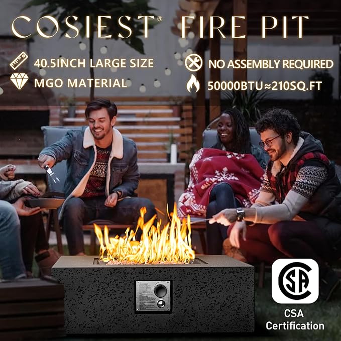 COSIEST Outdoor Propane Fire Pit Coffee Table w Square Faux Stone 35-inch Base, CSA Certified, 50,000 BTU Stainless Steel Burner, Free Lava Rocks and Rain Cover,Tank Cover, Gray
