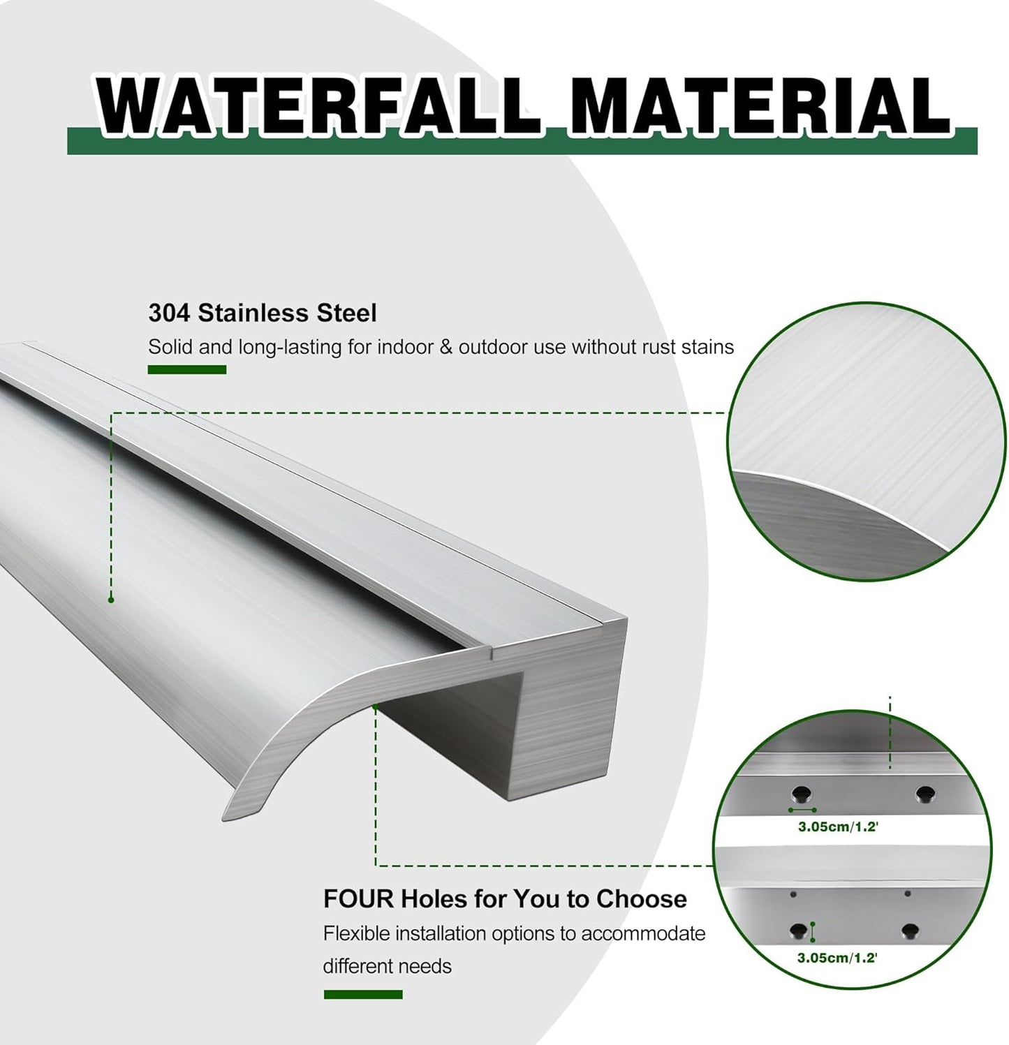 Waterfall Spillway, Stainless Steel Pool Fountain w/Top Open Lip & Pipe Connector Kits for Outdoor/Indoor Decorative, 35.4'' Pool Water Feature for Garden Patio, Backyard Koi Pond Decor