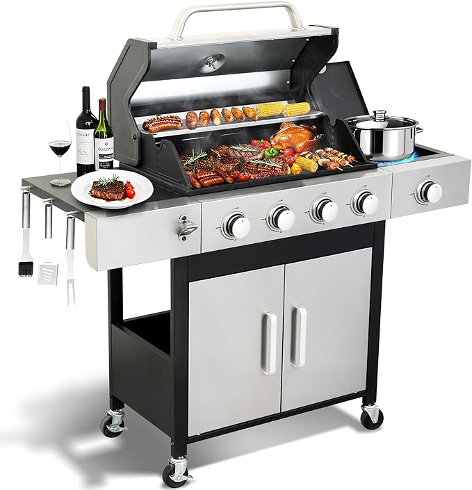 4 Burner Propane Gas BBQ Grill with Side Burner - 46890 BTU Output Stainless Steel Grill with Enameled Cast Iron Cooking Grid Side Table for Outdoor Backyard Patio Barbecue