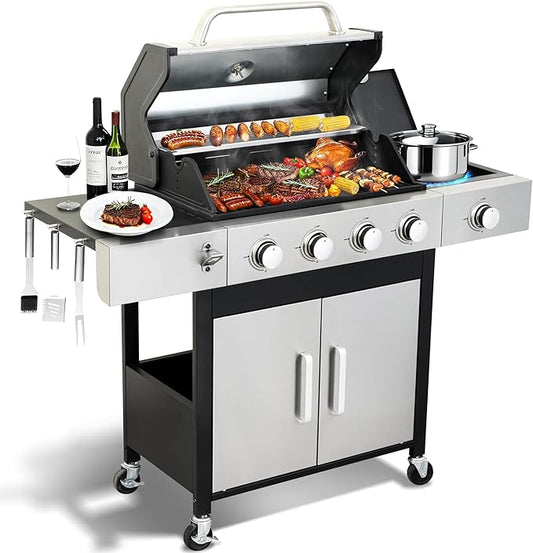 4 Burner Propane Gas BBQ Grill with Side Burner - 46890 BTU Output Stainless Steel Grill with Enameled Cast Iron Cooking Grid Side Table for Outdoor Backyard Patio Barbecue