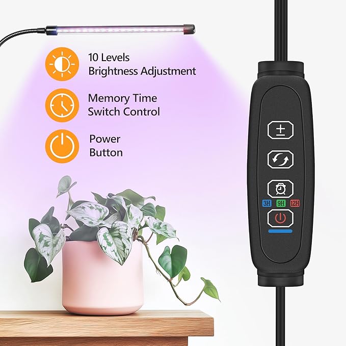 Desk Clip Grow Light for Indoor Plants,Red Blue Spectrum Plant Growing Lamp with 3 Modes,10-Level Dimmable,Auto ON & Off Switch,3/9/12H Timer,Adjustable Gooseneck,Desktop Table Lights for Growth