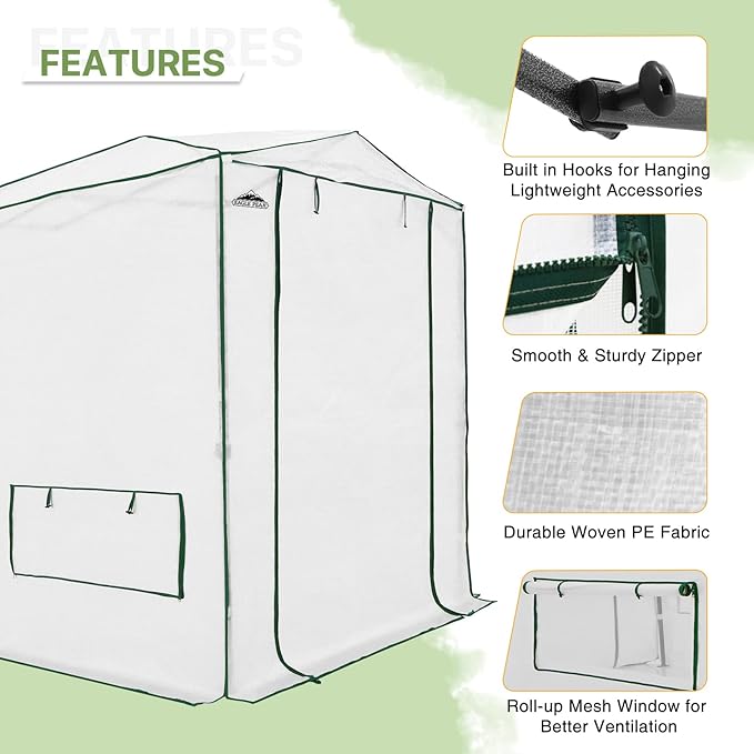 EAGLE PEAK Instant Pop-up Greenhouse, Indoor Outdoor Plant Gardening Green House, Roll-Up Zipper Doors and Side Windows, Heavy Duty Walk in 8x6 ft, Woven PE Top, White