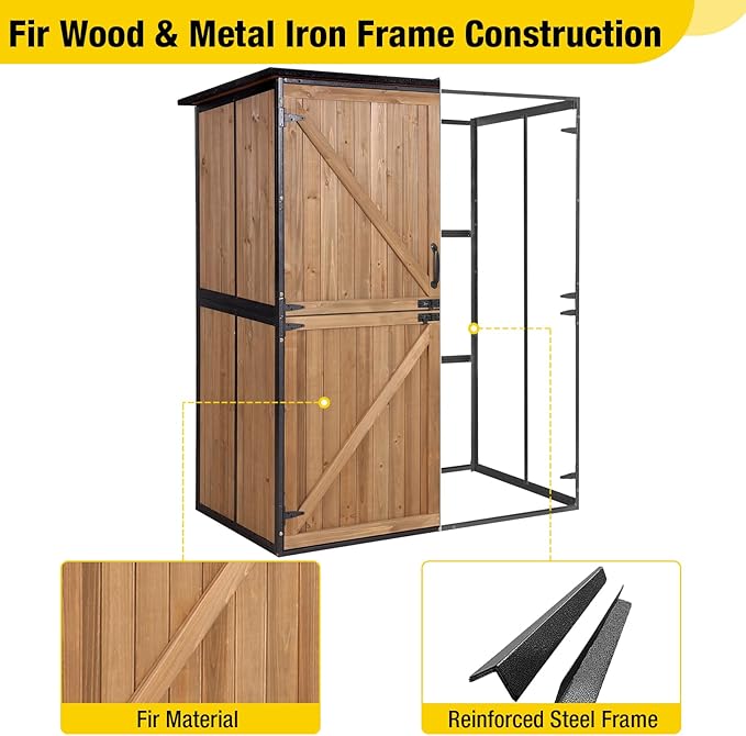 Aivituvin Outdoor Storage Shed with Floor, Garden Tool House with Metal Frame Structure, Large Wooden Cabinet with Adjustable Shelves for Backyard Garden Patio (Brown)