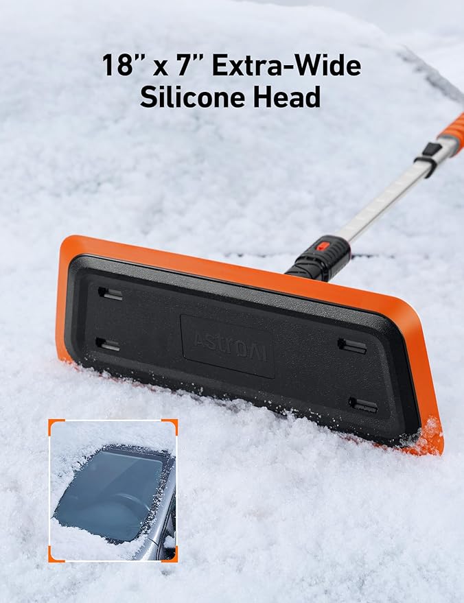 AstroAI 47.2 Inch 2-in-1 Snow Brush for Car Snow Broom and Detachable Ice Scraper with Non-Abrasive Silicone Head for Cars, Trucks, SUVs（Orange-Black）