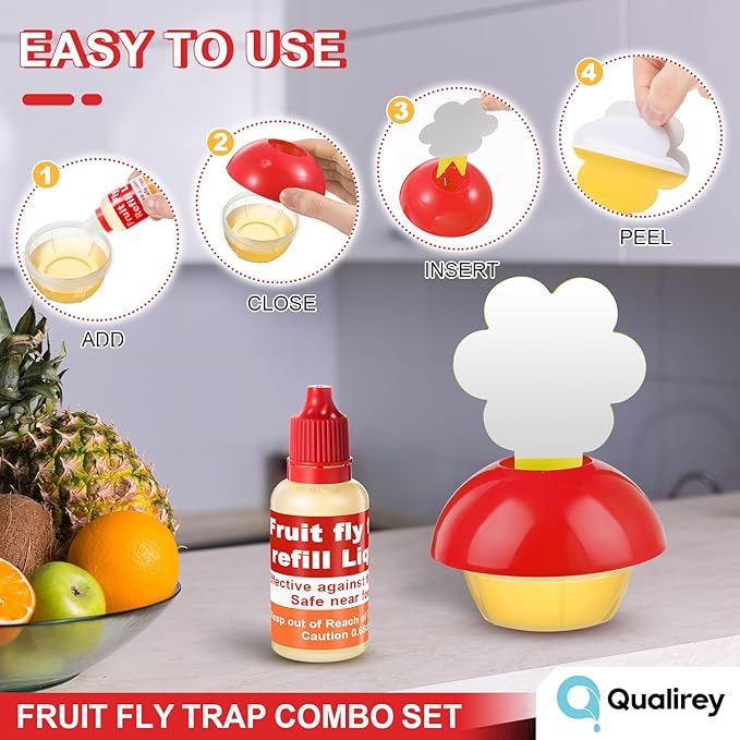 Qualirey Fruit Fly Trap for Indoors, 4 Pack Fruit Fly Trap with 4 Refill Liquid and 60 Yellow Sticky Pads, Safe Near Pets, Food and Kids, with Lure Refill Liquid for Home Kitchen (Red)