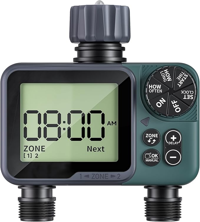 Sprinkler Timer 2 Zone, Programmable Water Timer for Garden Hose with Rain Delay, Manual and Automatic Irrigation Controller System, Waterproof Water Hose Timers for Yard, Lawn, Pool