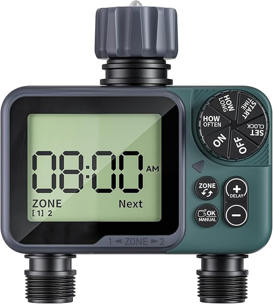 Sprinkler Timer 2 Zone, Programmable Water Timer for Garden Hose with Rain Delay, Manual and Automatic Irrigation Controller System, Waterproof Water Hose Timers for Yard, Lawn, Pool