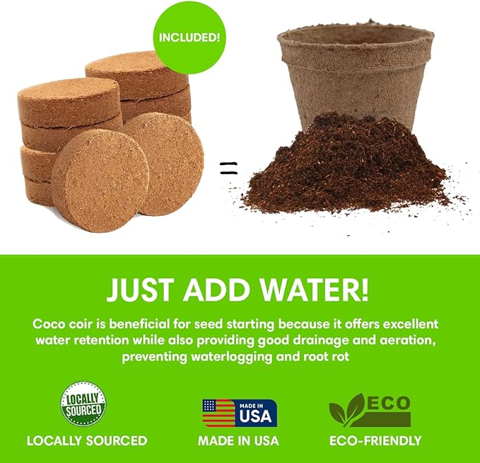 Seedling Starter Kit Germination Grow Cups and Soil (10 Pack) Biodegradable Peat Pots, Coco Coir Soil Discs, Plant Markers - Organic Grow Kit for Seed Germination, Indoor/Outdoor (2)
