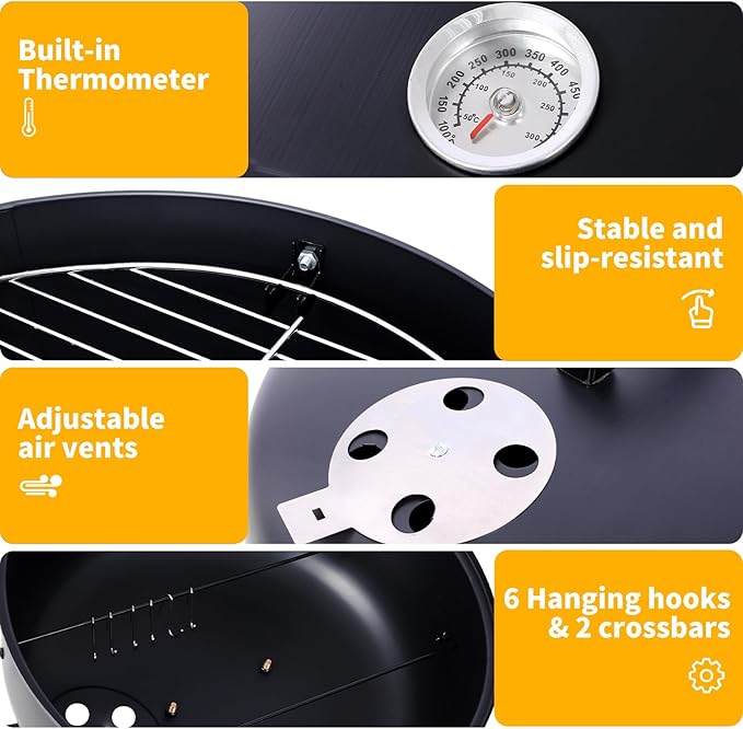 17 inch Vertical Charcoal Smoker, BBQ Grill, Fire Pit, 3-in-1 with Built-in Thermometer, Adjustable Air Vent, Idea for Parties, Backyard, Patio, Camping