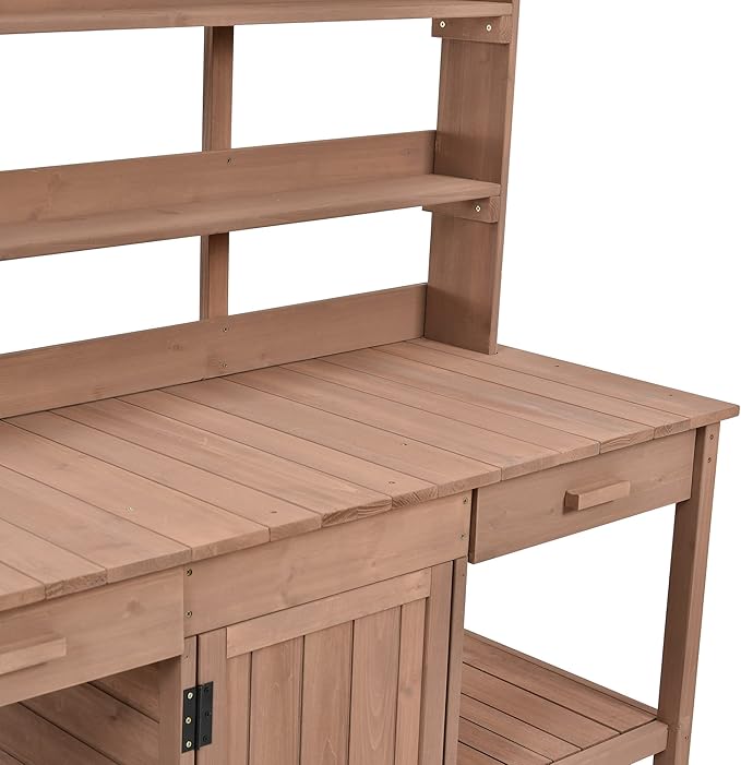 Outdoor Wooden Potting Bench Table – Farmhouse Garden Workstation with Drawers, Cabinet & Storage Shelves, Large Fir Wood Work Table for Patio, Backyard, Mudroom, Greenhouse (Dark Brown, 66'' H)