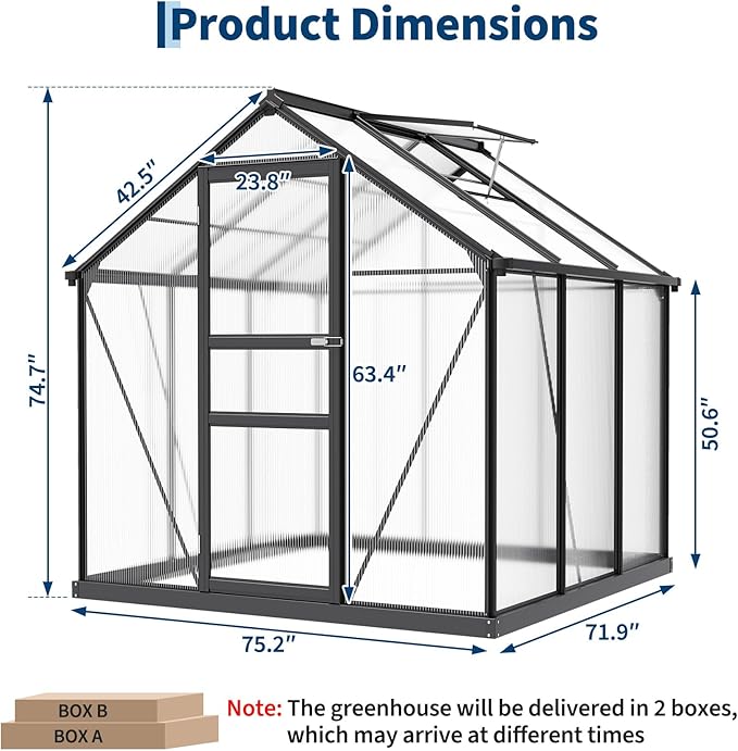 6x6 FT Outdoor Walk-in Greenhouse,All-Season Polycarbonate Garden Greenhouse with Reinforced Aluminum Frame, Roof Vent, Lockable Door & Easy Setup – Includes Ground Nails & Drainage(Black)