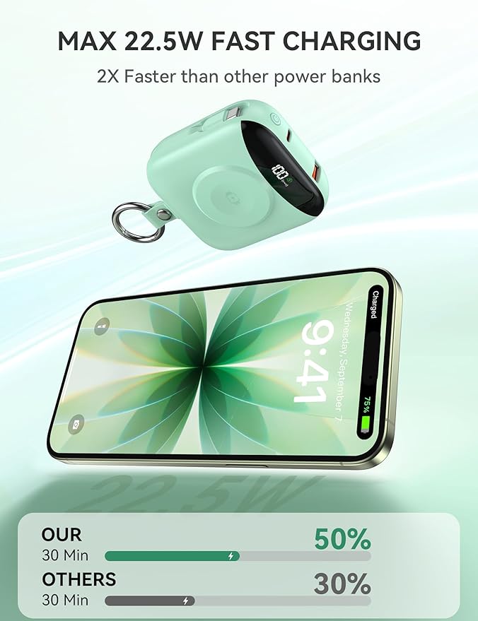 Portable Power Bank, 10000mAh 22.5W Fast Charging Phone Charger with Built-in Cables, Travel Essential Battery Pack with LED Display, Keychain Battery Bank for iPhone, iWatch 10/9/8/7/6/SE/5/4 Green