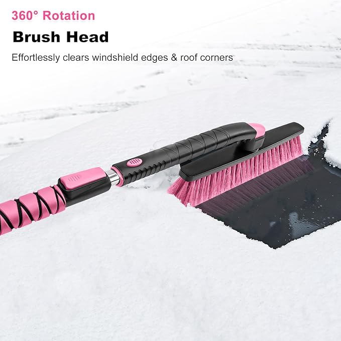 HEEYA 48 Inch Long Snow Brush for SUV, Extendable Ice Scraper and Brush with Foam Grip, 360° Pivoting Snow Car Brush for Truck Auto Jeep RV Vehicle Windshield Window - Pink