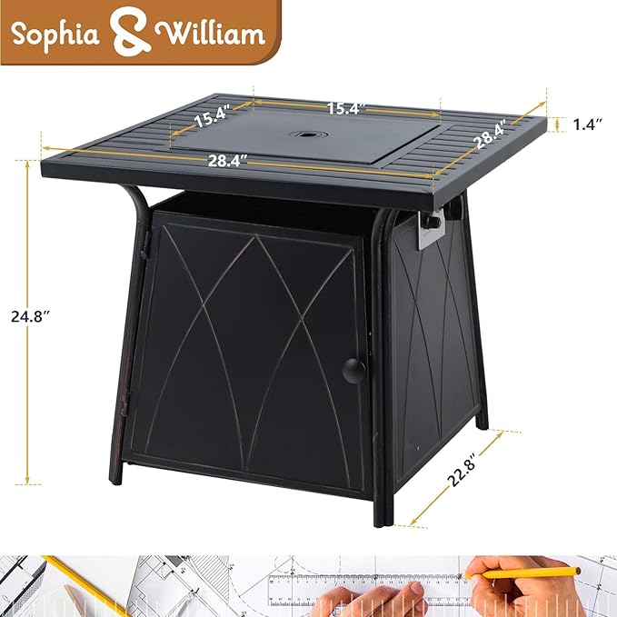 Sophia & William Gas Fire Pit Table 28 Inch 50,000BTU Square Outdoor Propane FirePits 2 in 1 Auto-Ignition Patio Fireplace for Outside with Lid and Blue Fire Glass, Black
