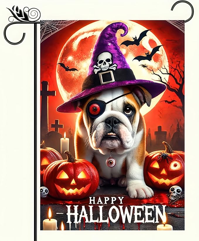 Hello Halloween Garden Flag One-eyed French Bulldog Dog Pumpkins Double Sided Vertical Seasonal Autumn Outdoor Yard Lawn Decorations Banner 12 x 18 Inch English Bulldog Witchy Halloween Flag