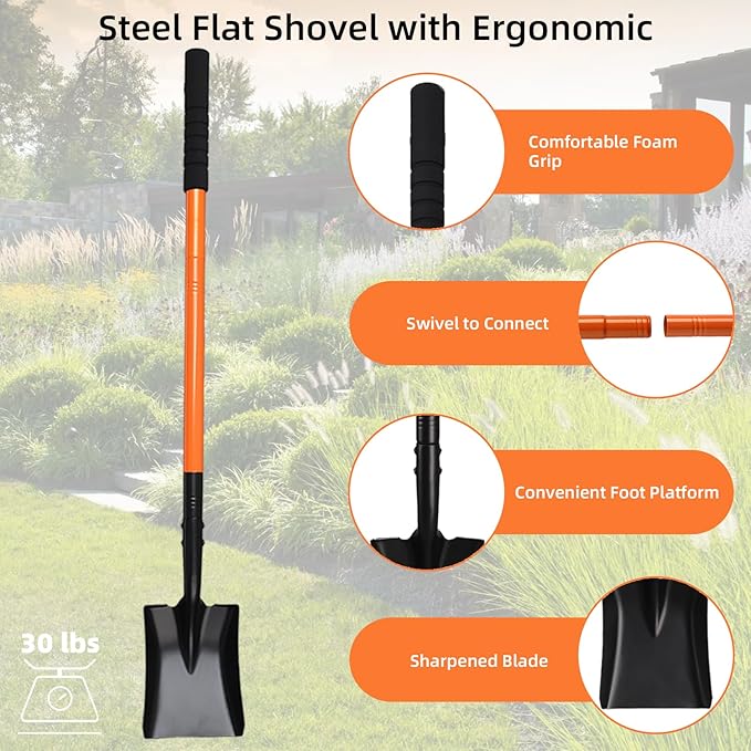 Small Square Shovel 43.3Inches Heavy Duty Garden Tools with Metal Handle, Small Transfer Spade for Digging Camping Car Beach Shovel, Orange