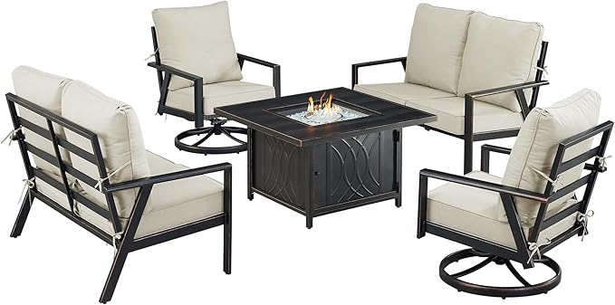 Oakland Living Black Aluminum Patio Fire Table Set with Two Deep Seating Loveseat with Cushions and Two Club Chairs with Light Grey Cushions