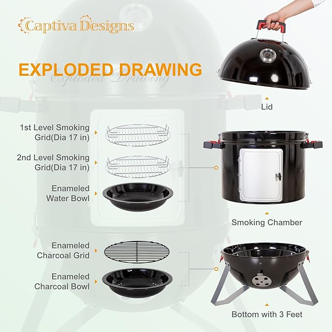 Captiva Designs 18-inch Vertical Charcoal Smoker Grill with Porcelain-Enameled Smoking Chamber, Wood Mountain Smoker for Meat Turkey and BBQ, with Built-in Thermometer