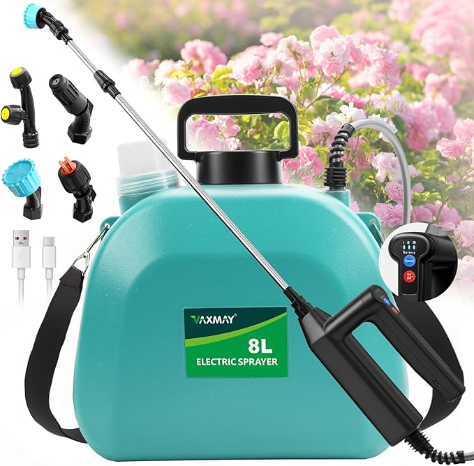 Battery Powered Sprayer 2 Gallon, 2025 Upgrade Electric Sprayer with 3 Adjustable Speed, Battery Indicator, 4 Mist Nozzles, Rechargeable Retractable Wand with Adjustable Shoulder Strap for Lawn Garden